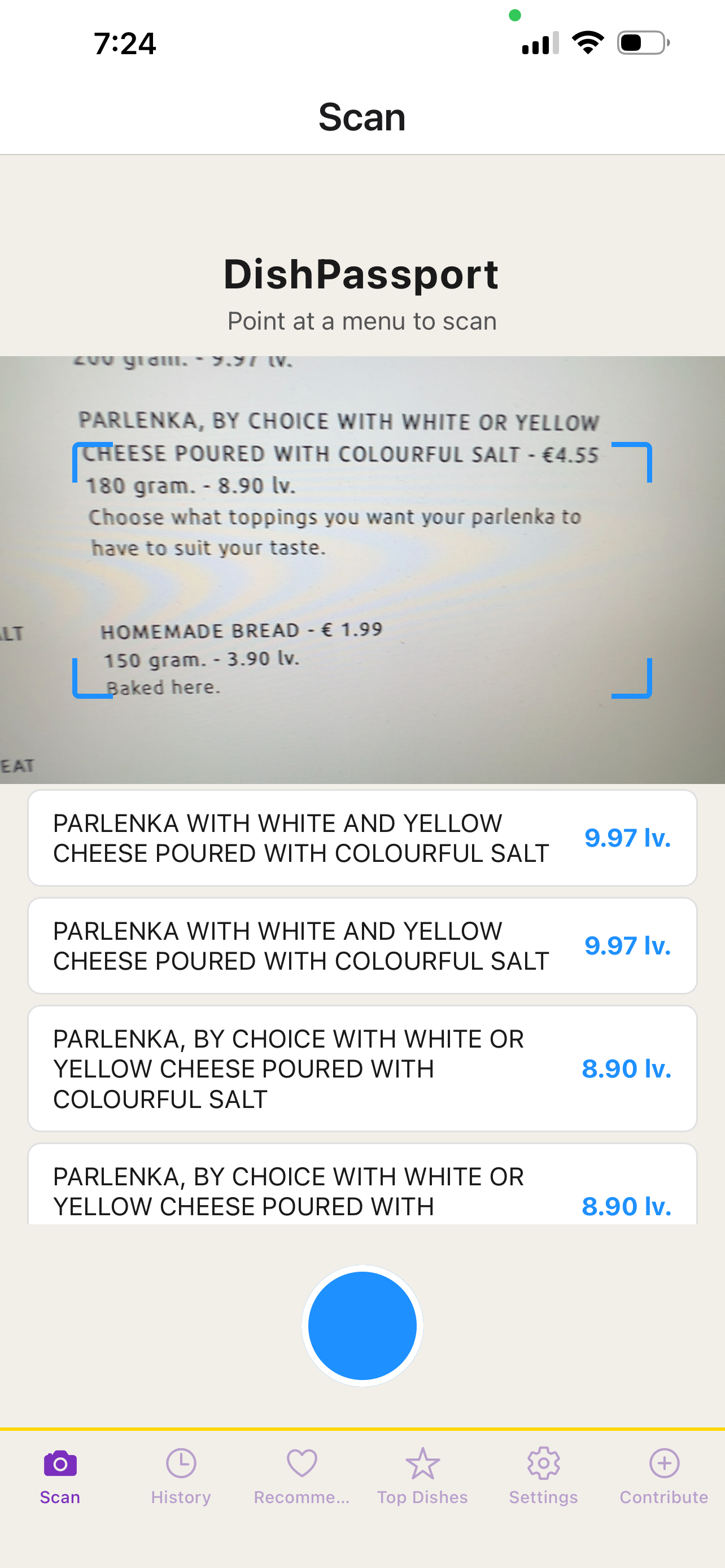 DishPassport scanning a restaurant menu with AI translation